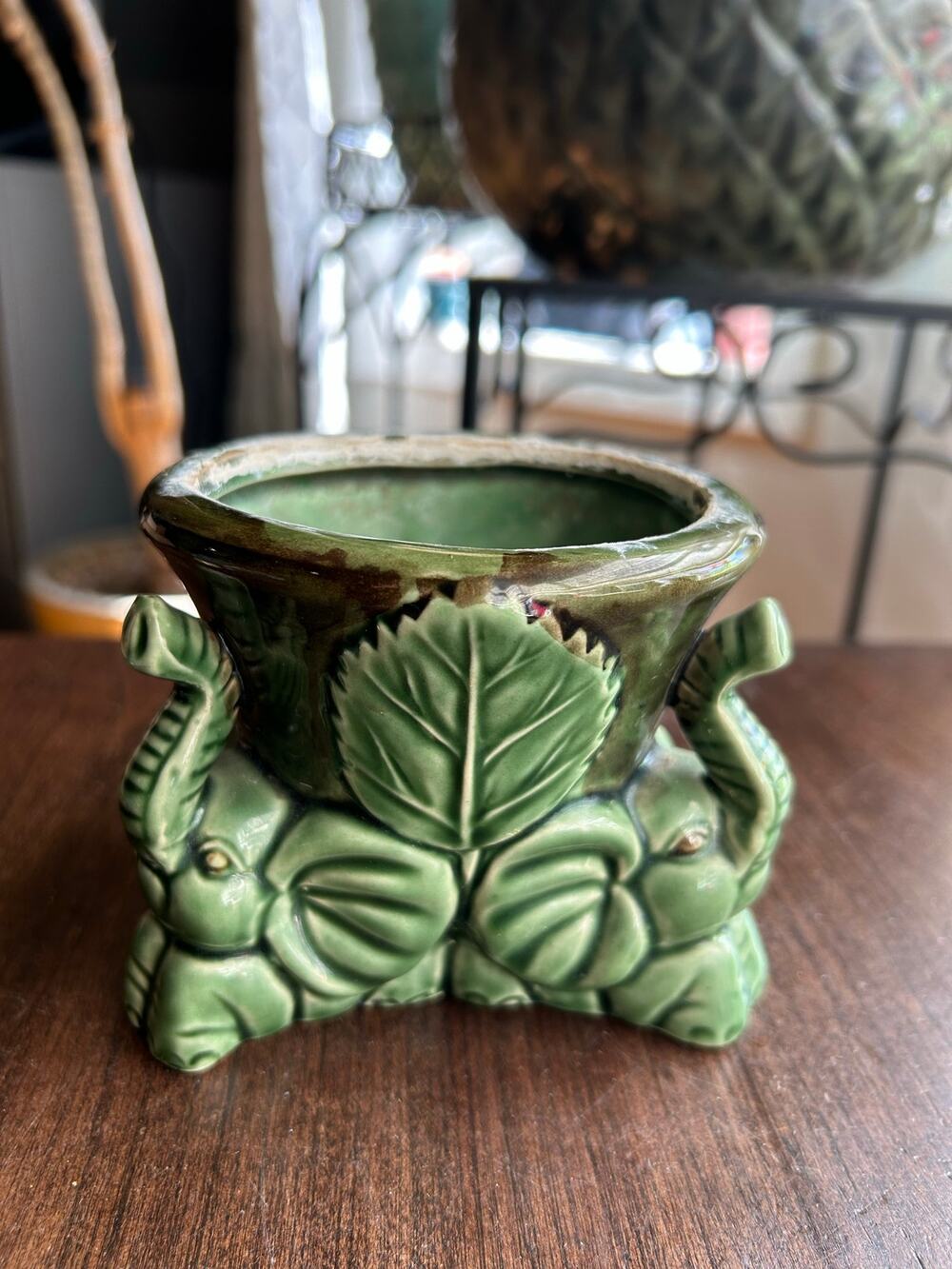Vintage Ceramic Majolica Green Bowl Planter Trunk Up Elephants